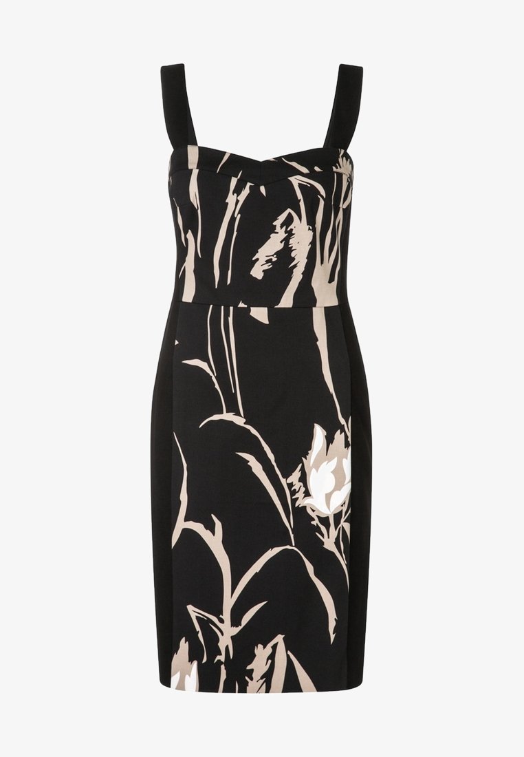 Robe noire sans manches, longueur genoux, avec larges bretelles et motifs floraux abstraits beige.