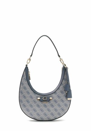 Petit sac à main bleu-gris en forme de croissant avec logos à motifs, bandoulière unique, accents dorés et étiquette en cuir suspendue.