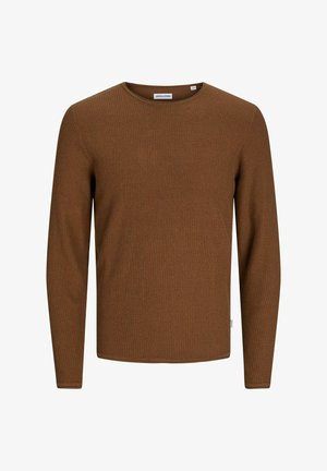 Braun strukturierter Langarmpullover mit Rundhalsausschnitt und dezentem Rippenmuster. Verfügt über ein Etikett am unteren Saum.