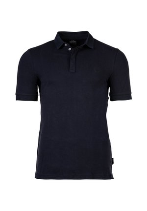 Marineblaues Poloshirt aus glattem Baumwollstoff. Verfügt über einen Kragen, kurze Ärmel, eine Knopfleiste mit drei Knöpfen und ein kleines gesticktes Logo auf der Brust.