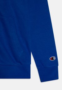 Hoodie en coton bleu avec une poche avant, des poignets et un ourlet côtelés, et un petit logo brodé sur la manche. Texture lisse.