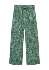 Pantalon vert large avec motif cachemire bleu clair et beige et une taille élastique avec cordon en tissu assorti.