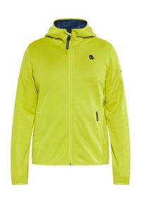 Giacca in pile verde lime con zip e cappuccio, dotata di fodera interna blu navy e logo, progettata con due tasche frontali e tessuto testurizzato.
