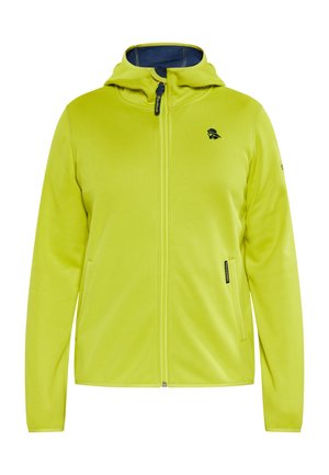 Vihreä limenvärinen vetoketjullinen fleece-takki hupulla, jossa on tummansininen vuori ja logo, suunniteltu kahdella etutaskulla ja tekstuuripinnoitteella.