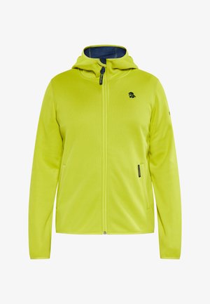 Laime roheline tõmblukkfleece jakk kapuutsiga, millel on tumesinine sisemus ja logo, millel on kaks eesmist taskut ja tekstureeritud kangas.