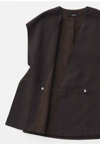 Dark brown sleeveless vest with open front and two button closures, labeled "someday" size 36.