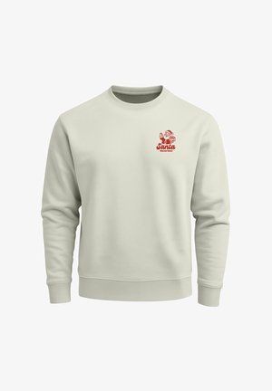 Light grey sweatshirt featuring a round neck and long sleeves. Red graphic print of Santa with "Santa" text on the upper left chest.