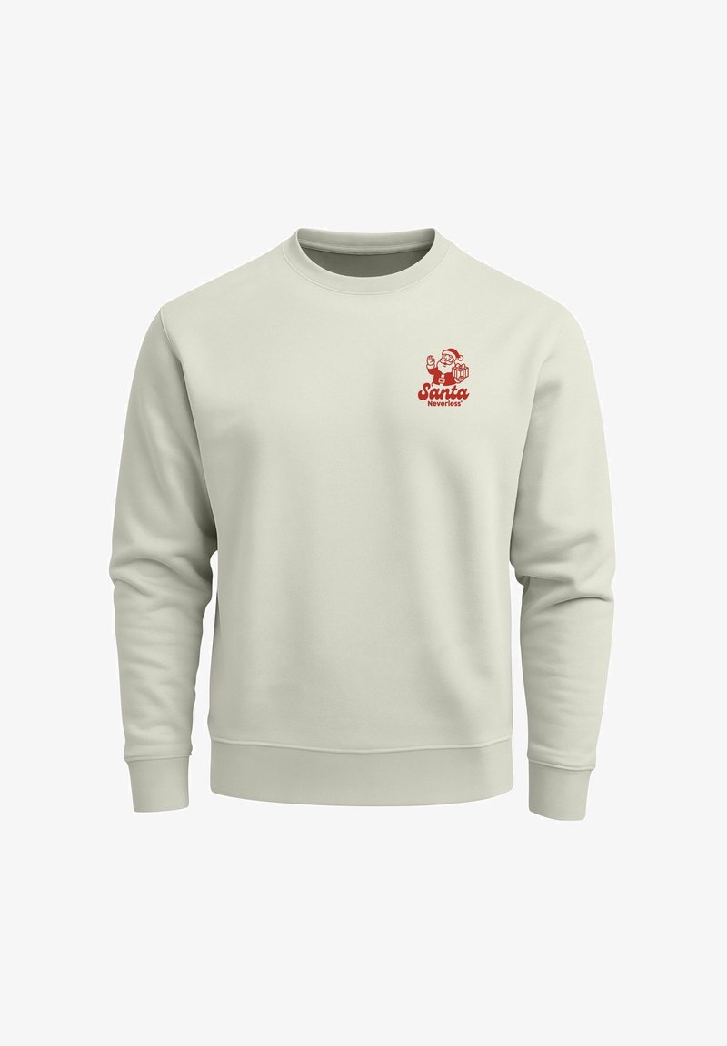 Hellgrauer Pullover mit Rundhalsausschnitt und langen Ärmeln. Roter Grafikdruck von Santa mit dem Text "Santa" auf der oberen linken Brust.