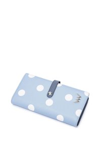 Blue wallet with white polka dots, featuring a navy closure tab and a silver accent detail. Smooth texture with stitched edges.