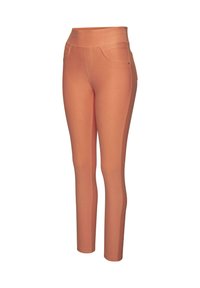 Peach-colored leggings with a high waistband, featuring side panels and decorative stitching. Smooth texture, slim fit design.