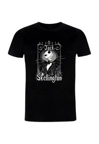 Czarny t-shirt z białym nadrukiem Jacka Skellingtona w smokingu, otoczony ozdobną ramką i napisem "Jack Skellington".