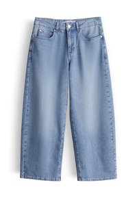 Light blue wide-leg jeans with front button and zipper closure, belt loops, and five-pocket design on white background.