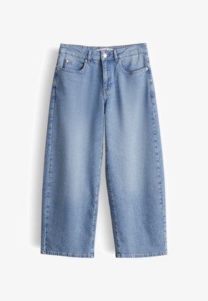 Light blue wide-leg jeans with front button and zipper closure, belt loops, and five-pocket design on white background.