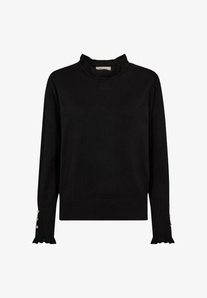 Svart stickad tröja med en volangkrage och fransade ärmar. Har dekorerande knappar på ärmen. Enkel, rak design. Mjuk textur.