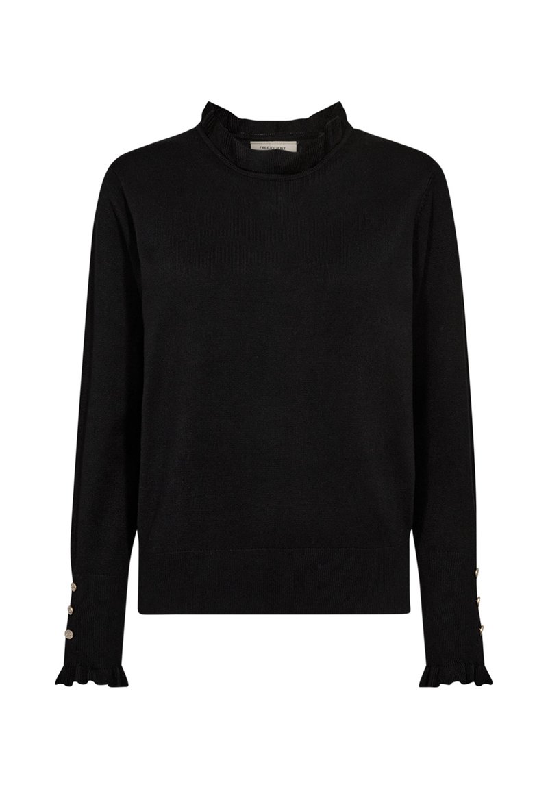 Black knitted sweater with a ruffled collar and frilled cuffs. Features decorative buttons on sleeve. Simple, straight design. Soft texture.