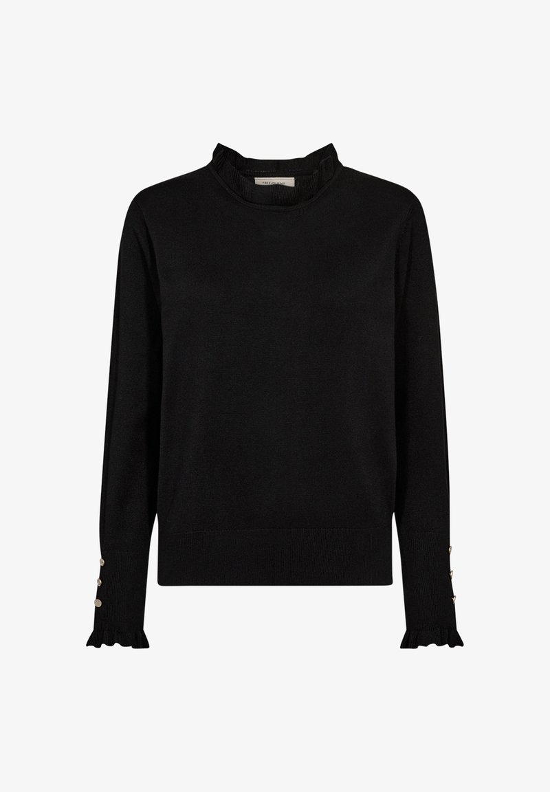 Schwarzer, gestrickter Pullover mit einem Rüschenausschnitt und gefransten Ärmelbündchen. Verfügt über dekorative Knöpfe an den Ärmeln. Einfaches, gerades Design. Weiche Textur.