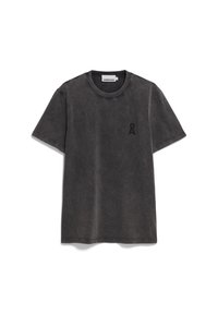 Donkergrijze katoenen t-shirt, korte mouwen, ronde hals, met een klein zwart lintlogo op de linkerborst. Fijne, matte textuur.