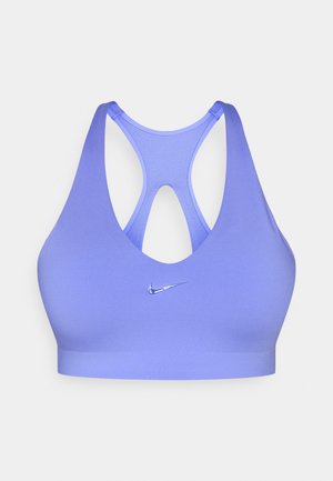 Purple sports bra with a cross-back design, made of smooth fabric. Features a small silver Nike logo on the front.