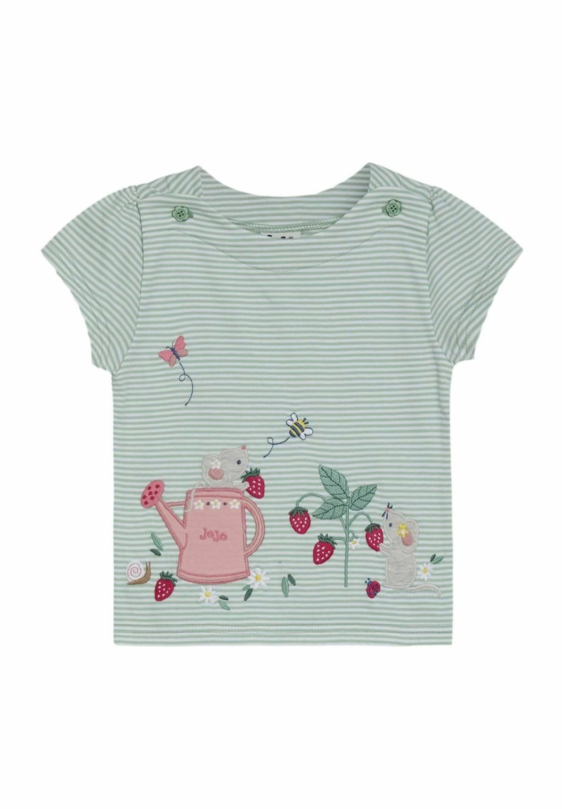 Lichtgroen gestreepte T-shirt met korte mouwen, featuring een roze gieter en aardbeien borduurlwerk, met muis- en vlinderaccenten. Knopen detail op de schouder.