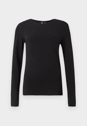 Cămașă neagră cu mânecă lungă, confecționată dintr-un material neted și elastic, cu decolteu rotund și siluetă ajustată, având detalii minime și fără modele.
