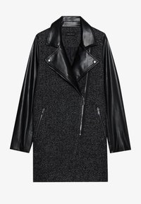 Černý a šedý kabát rybí kost s koženými rukávy, klopovým límcem a asymetrickými zipy vpředu. Texturované tělo z vlněné směsi.