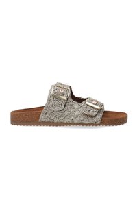 Åbent tå slide sandaler med en tekstureret grå vævet overdel, to justerbare spænder og en kork-lignende sål for komfort.
