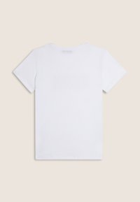 Camiseta blanca de manga corta, cuello redondo, tejido liso, sin elementos de diseño ni patrones visibles, forma rectangular con bordes cortados rectos.