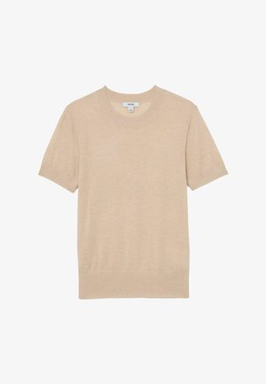 Béžový krátky pletený sveter s krátkym rukávom, s rebrovaným okrúhlym výstrihom, manžetami a lemom, zobrazený na bielom pozadí.