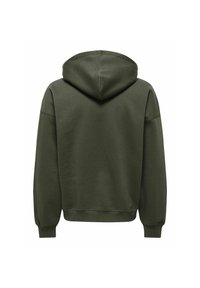 Sweat à capuche vert foncé vu de dos avec manches longues et poignets et ourlet côtelés.