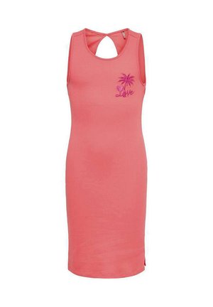 Robe corail sans manches en maille côtelée avec col rond, ouverture en forme de goutte dans le dos, et petit palmier brodé avec le mot "Love" sur la poitrine gauche.