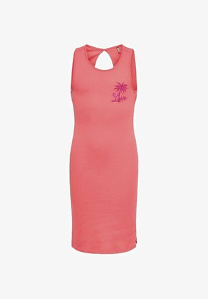 Robe corail sans manches en maille côtelée avec col rond, ouverture en forme de goutte dans le dos, et petit palmier brodé avec le mot "Love" sur la poitrine gauche.