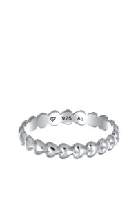 Kullast hõbesõrmus, millel on pidev muster väikestest, läikivatest südametest. Märgistatud "925" hõbepuhasuse märgiga, sise pind on sile.