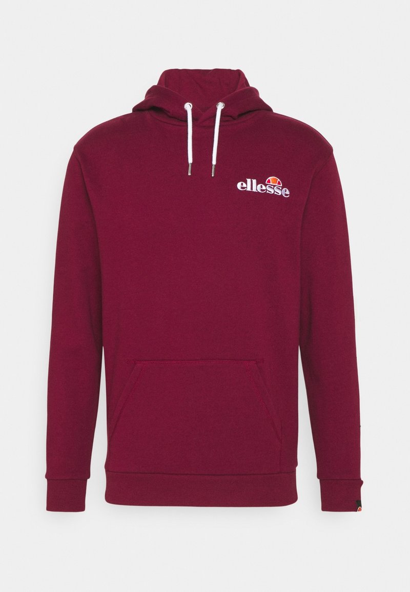 Burgunderfarbene Kapuzenpullover mit weißen Kordeln, frontaler Känguru-Tasche und kleinem weißen und orangen "ellesse"-Logo auf der linken Brust.