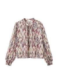 Blouse à manches longues en tissu léger présentant un motif ikat multicolore dans des teintes de crème, violet et bordeaux, avec un col à nouer.
