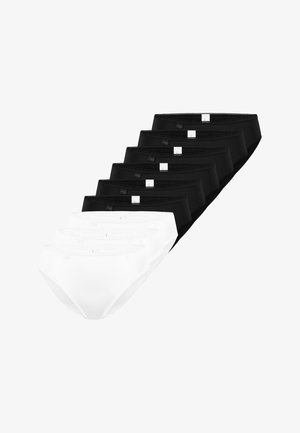 Packung mit 10 schlichten Baumwoll-Slips in Schwarz und Weiß, mit glatter Textur, elastischem Bund und minimalistischem Design ohne Muster.