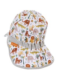 Ein Bucket Hut aus weicherm Baumwollstoff mit einem bunten Tiermuster, das Elefanten, Löwen und Pflanzen zeigt. Grauer gestreifter Rand um die Kanten.