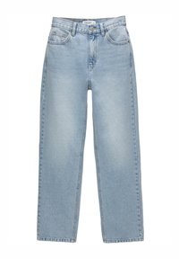 Jeans azzurri chiari a vita alta, dritti, con tasche anteriori e posteriori, passanti per cintura e chiusura con bottone.