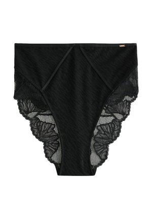 Lenjerie de damă neagră, cu talie înaltă, cu margini din dantelă florală pe părțile laterale și panou frontal din material neted.