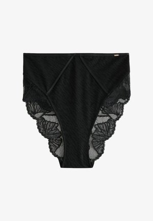 Sort højtaljet dameundertøj med blomsterblondekant på siderne og glat stof foran.
