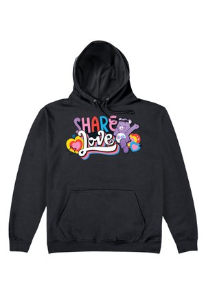 Czarna bluza z kapturem i sznurkiem. Z przodu znajduje się kolorowy nadruk z tekstem "SHARE Love" oraz grafiką fioletowego misia. Posiada kieszeń typu kangur.