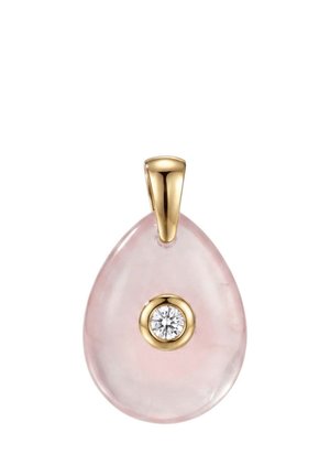 Tropfenförmiger Rosenquarz-Anhänger mit einem zentralen runden Diamanten, gefasst in Gold und mit einer Goldöse zur Befestigung an einer Kette.