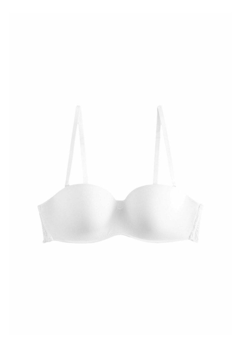 Reggiseno bianco imbottito con finitura liscia. Presenta spalline regolabili e dettagli in pizzo sui lati. Design classico con una chiusura sicura.
