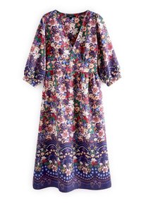 Blumenkleid im Maxistil mit V-Ausschnitt und Puffärmeln. Aus leichtem Stoff in lila, mit einer Mischung aus bunten Blumenmustern.