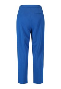 Skräddarsydda blåa byxor med en slät textur, med en enda bakficka och en beskuren, avsmalnande design. Platt front utan synliga knäppningar.