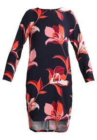 Robe bleu marine à manches longues avec motifs floraux roses, rouges et orange, longueur genou avec un ourlet légèrement courbé.