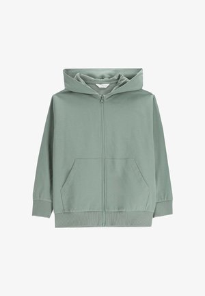 Jasnozielona bluza na zamek z długimi rękawami, przednimi kieszeniami typu kangur, prążkowanymi mankietami oraz kapturem.