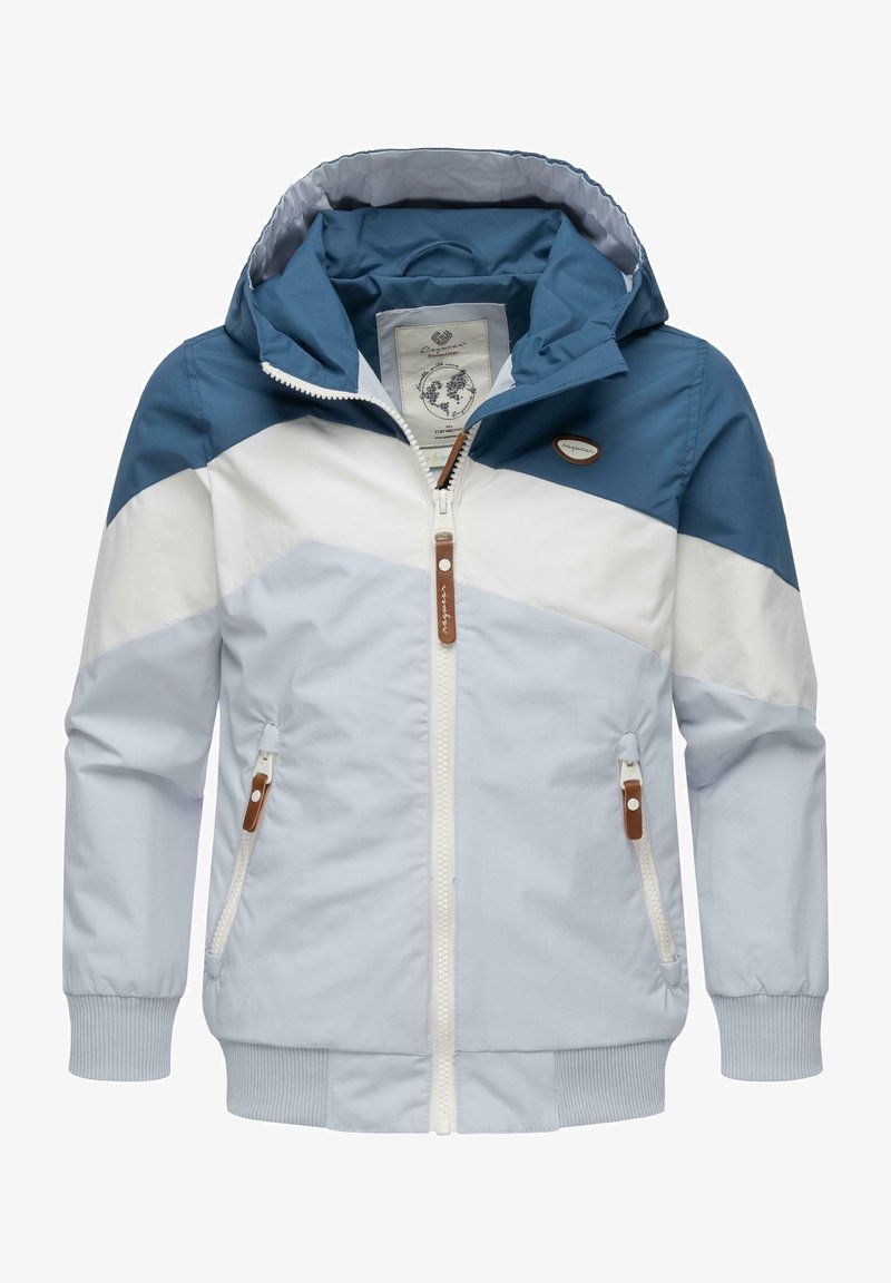 Lightweight jacket in light blue, dark blue, and white with a hood, zip closure, and side pockets. Features a leather accent and logo detail.