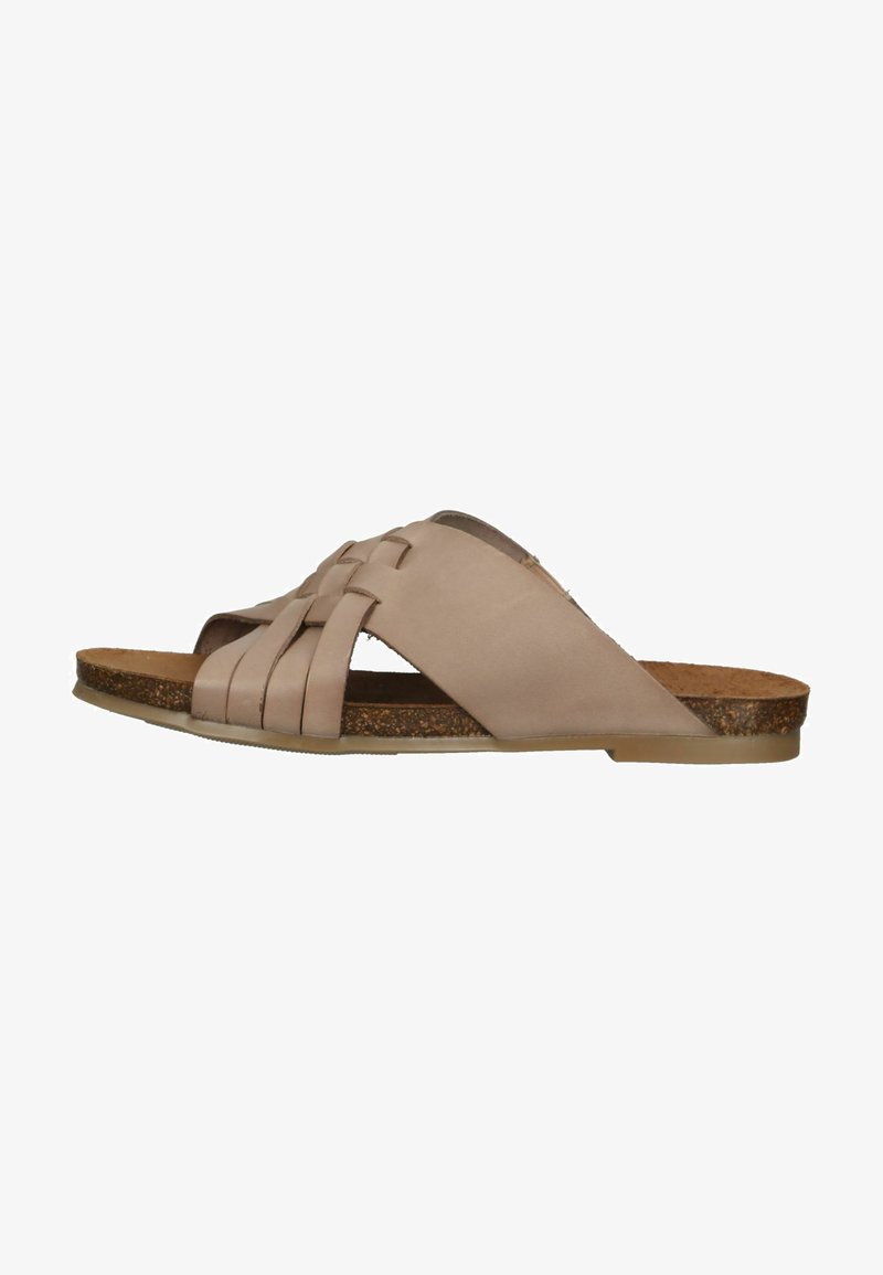 Woven leather slide sandal in soft beige with a cork-like footbed, featuring an open-toe design and no fasteners.