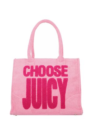 Pink terrycloth tote bag with the words "CHOOSE JUICY" in bold fuchsia. It features two handles and a textured surface.