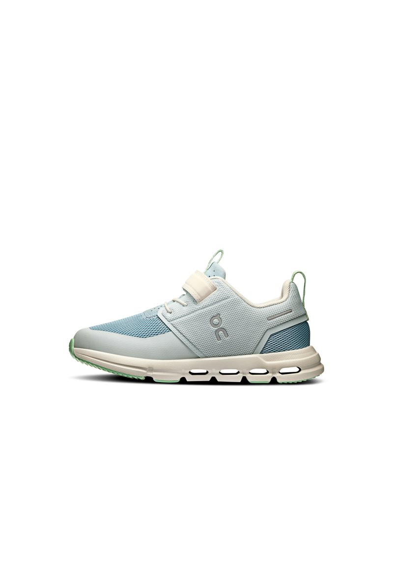 Light blue athletic shoe with mesh and synthetic upper, cream midsole, green accents, and a rounded toe with a cushioned sole.